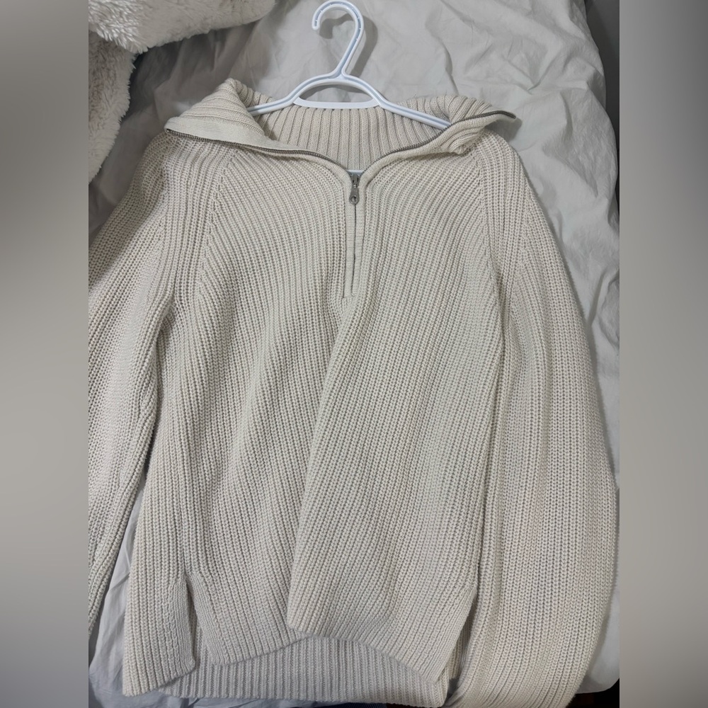H&M Off-White Half-Zip/Quarter-Zip Knit Sweater with Zipper In Small